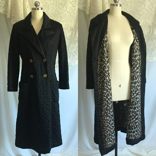 Vintage 1960's Robe | Black Quilted Nylon with Leopard Print Lining & Gold Buttons | Pinup Housecoat | Vanity Fair | Size S, M - Daggers & Dames