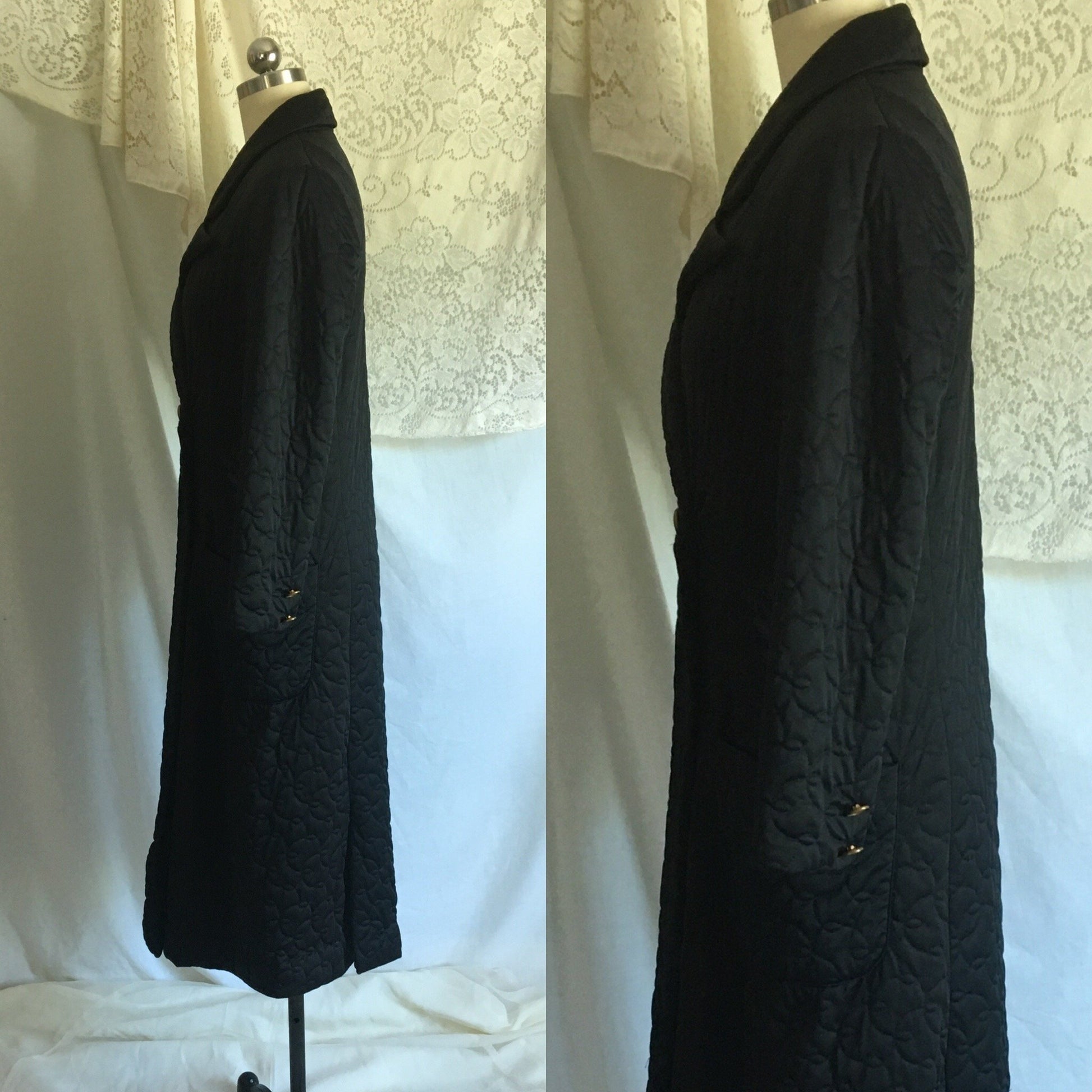 Vintage 1960's Robe | Black Quilted Nylon with Leopard Print Lining & Gold Buttons | Pinup Housecoat | Vanity Fair | Size S, M - Daggers & Dames