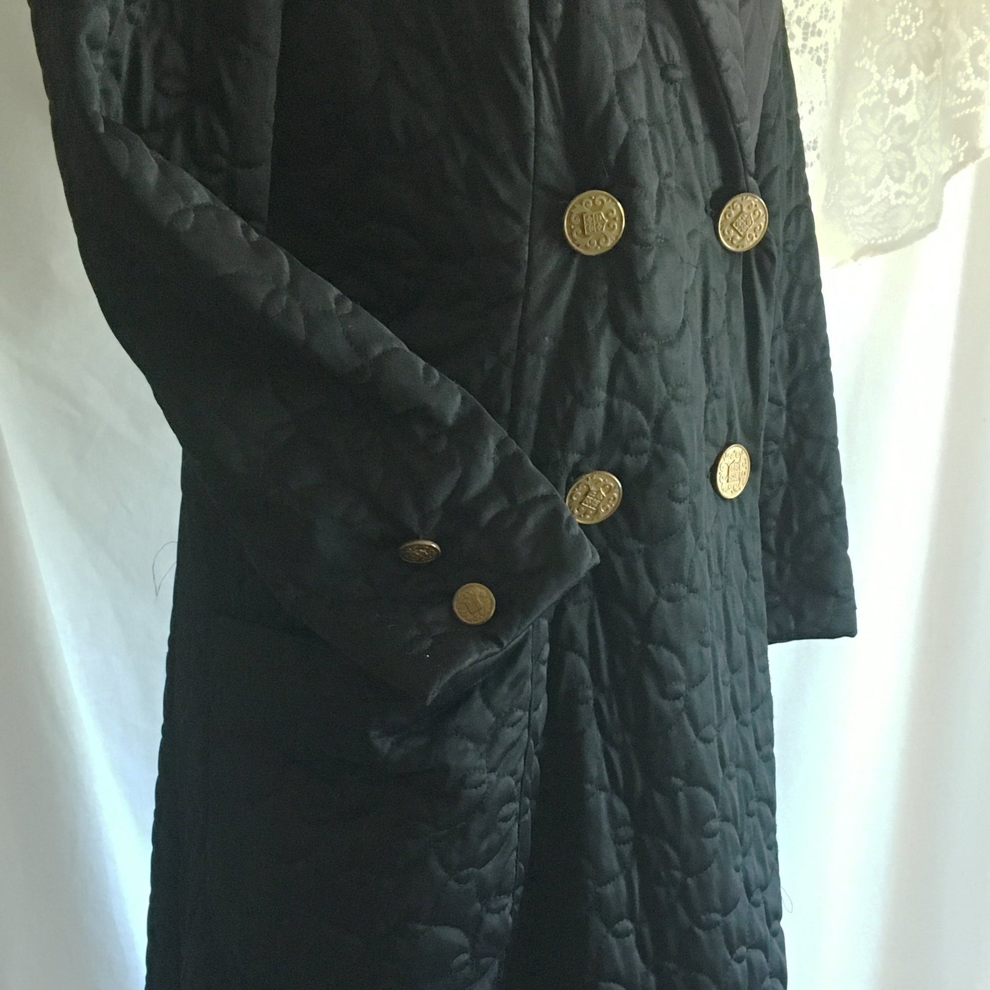 Vintage 1960's Robe | Black Quilted Nylon with Leopard Print Lining & Gold Buttons | Pinup Housecoat | Vanity Fair | Size S, M - Daggers & Dames