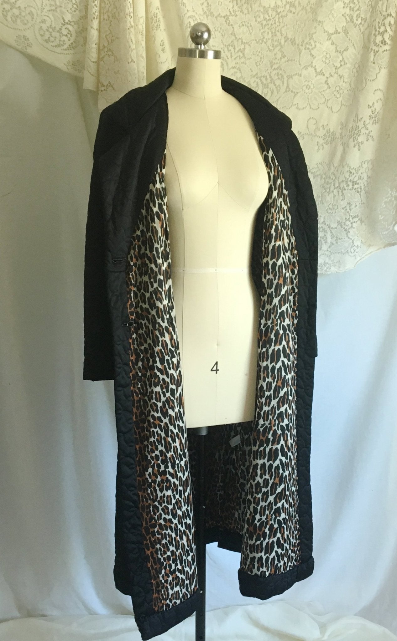 Vintage 1960's Robe | Black Quilted Nylon with Leopard Print Lining & Gold Buttons | Pinup Housecoat | Vanity Fair | Size S, M - Daggers & Dames
