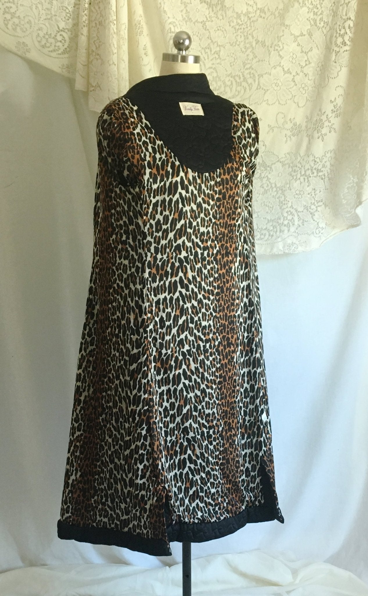 Vintage 1960's Robe | Black Quilted Nylon with Leopard Print Lining & Gold Buttons | Pinup Housecoat | Vanity Fair | Size S, M - Daggers & Dames