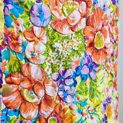 Vintage 1960s Robe | Bold Floral Print Quilted Nylon Taffeta with Puff Sleeves | Size Med - Daggers & Dames