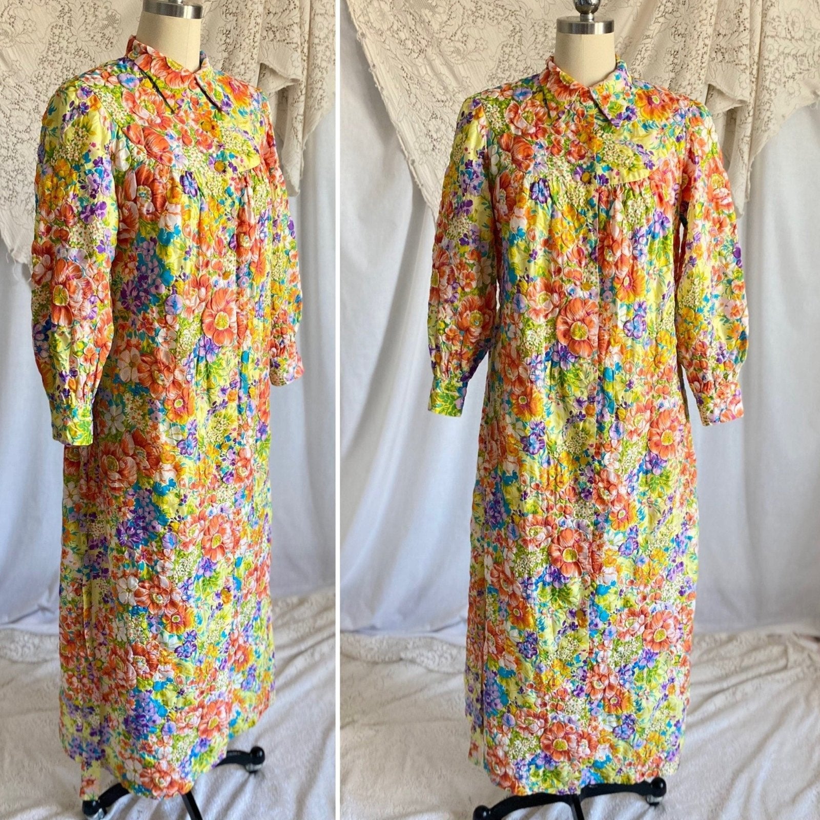 Vintage 1960s Robe | Bold Floral Print Quilted Nylon Taffeta with Puff Sleeves | Size Med - Daggers & Dames