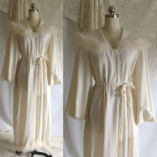 Vintage 1960's Robe | Ivory Nylon with Marabou Feather Trim & Bell Sleeves | Matej for Odette Barsa | Size M, LG - Daggers & Dames