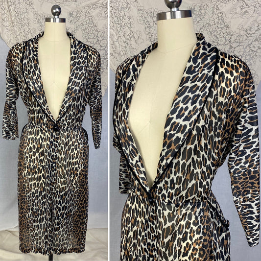 Vintage 1960's Robe | Leopard Print Nylon with Black Velvet Edging | Size LG | Vanity Fair - Daggers & Dames