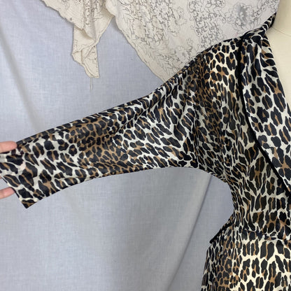 Vintage 1960's Robe | Leopard Print Nylon with Black Velvet Edging | Size LG | Vanity Fair - Daggers & Dames