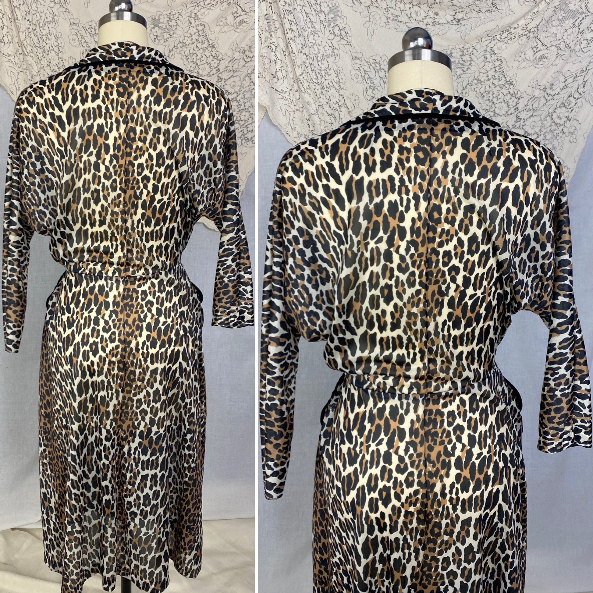 Vintage 1960's Robe | Leopard Print Nylon with Black Velvet Edging | Size LG | Vanity Fair - Daggers & Dames