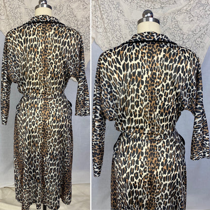 Vintage 1960's Robe | Leopard Print Nylon with Black Velvet Edging | Size LG | Vanity Fair - Daggers & Dames