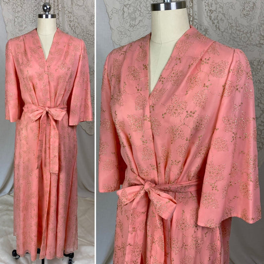 Vintage 1960's Robe | Rich Coral Pink Silk Chiffon over Nylon with Gold Threading | Size S, M, LG | Malouf Designs - Daggers & Dames
