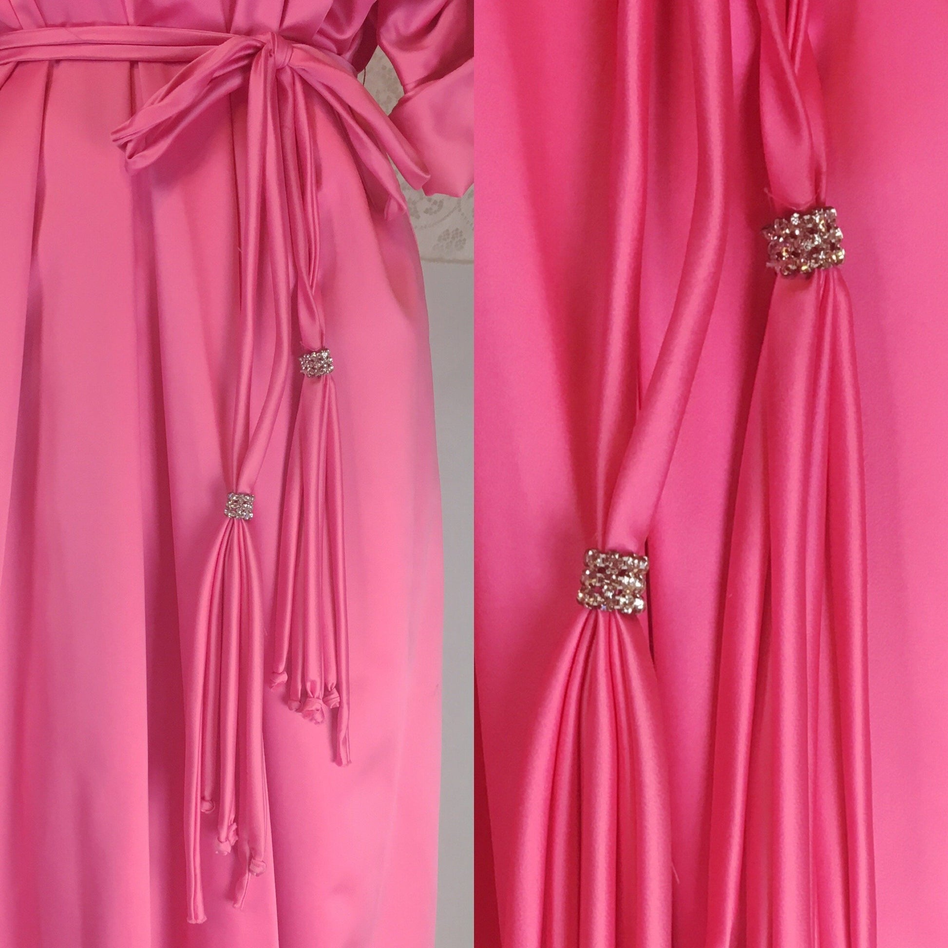 Vintage 1960's Robe | Size Free | Hot Pink Satin with Lime Green Nylon & Rhinestone Sash | Lucie Ann, Beverly Hills - Daggers & Dames