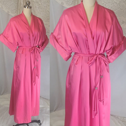 Vintage 1960's Robe | Size Free | Hot Pink Satin with Lime Green Nylon & Rhinestone Sash | Lucie Ann, Beverly Hills - Daggers & Dames