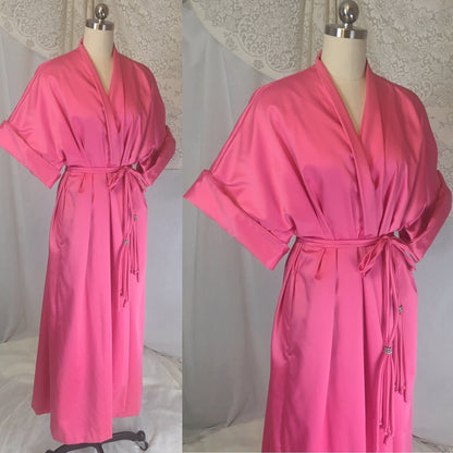 Vintage 1960's Robe | Size Free | Hot Pink Satin with Lime Green Nylon & Rhinestone Sash | Lucie Ann, Beverly Hills - Daggers & Dames