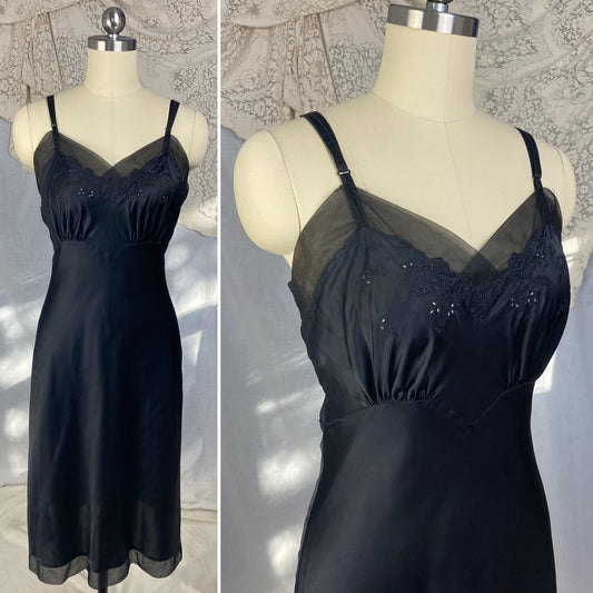 Vintage 1960's Slip | Black Nylon Blend Satin with Embroidery & Chiffon Edging | Size S | Fischer Heavenly Lingerie - Daggers & Dames