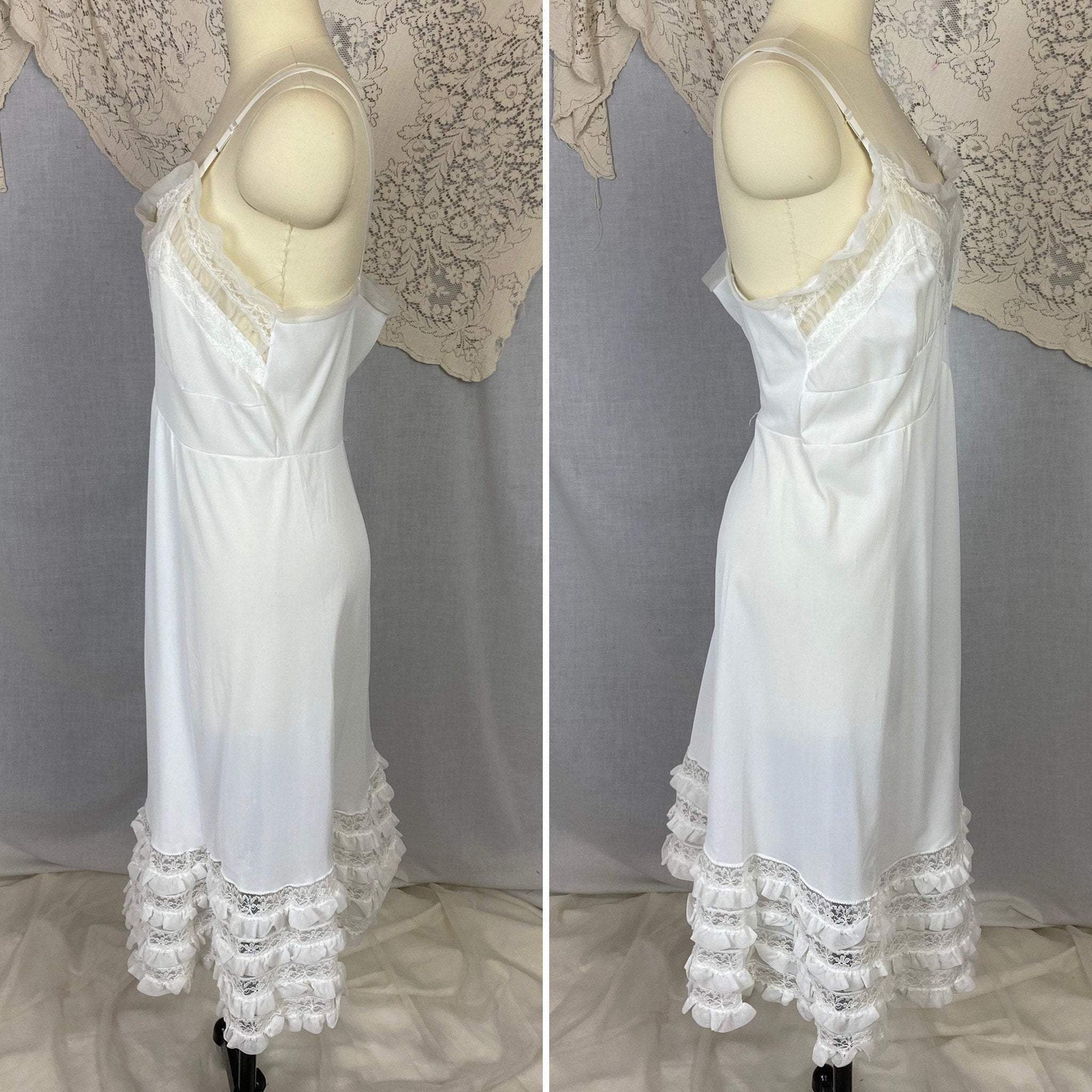 Vintage 1960's Slip | Bright White Nylon with Lace & Chiffon Ruffles | Size 38-42 Bust, M/LG | Glencraft -Never Worn - Daggers & Dames