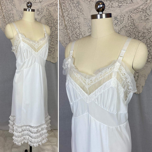 Vintage 1960's Slip | Bright White Nylon with Lace & Chiffon Ruffles | Size 38-42 Bust, M/LG | Glencraft -Never Worn - Daggers & Dames