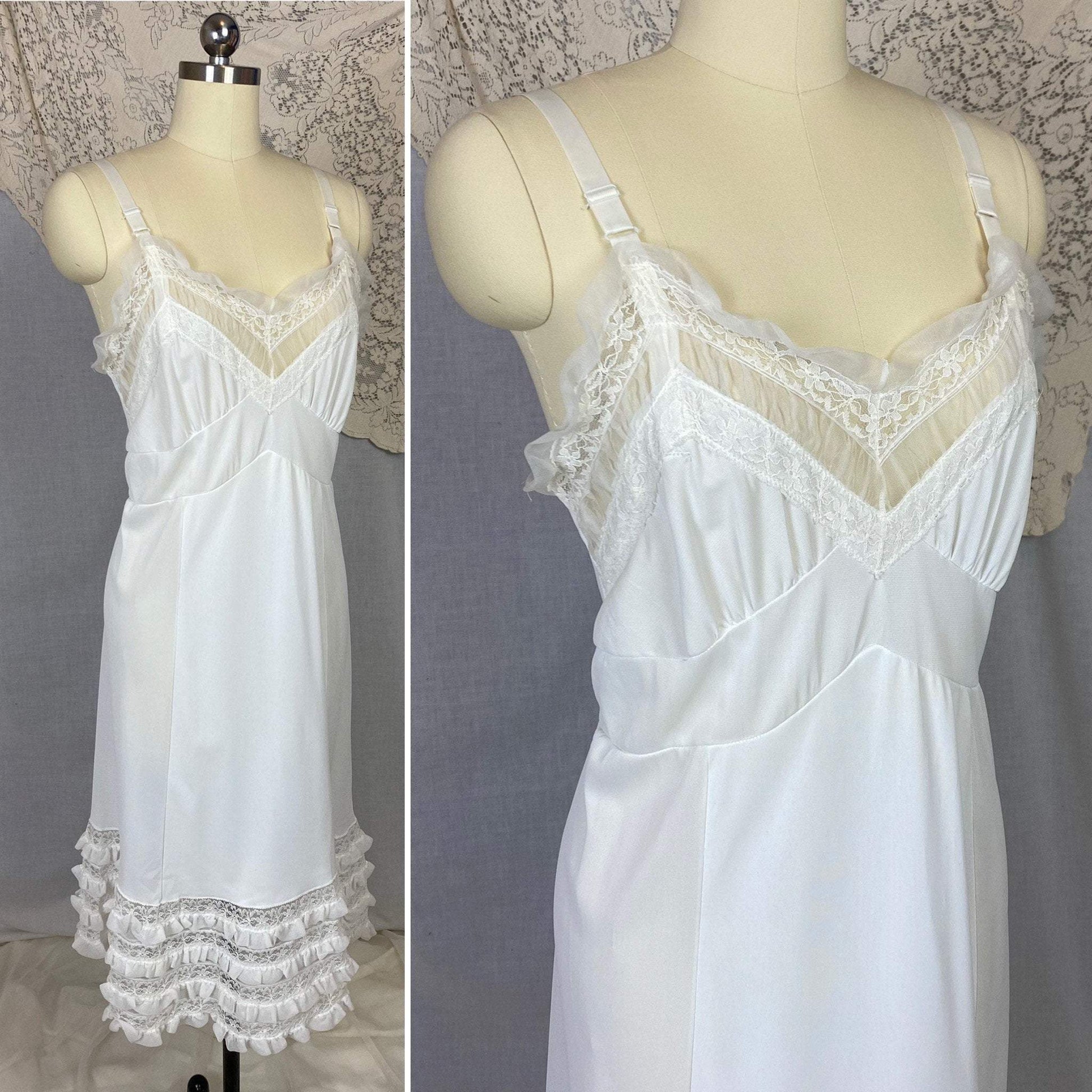 Vintage 1960's Slip | Bright White Nylon with Lace & Chiffon Ruffles | Size 38-42 Bust, M/LG | Glencraft -Never Worn - Daggers & Dames