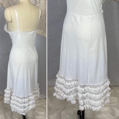 Vintage 1960's Slip | Bright White Nylon with Lace & Chiffon Ruffles | Size 38-42 Bust, M/LG | Glencraft -Never Worn - Daggers & Dames