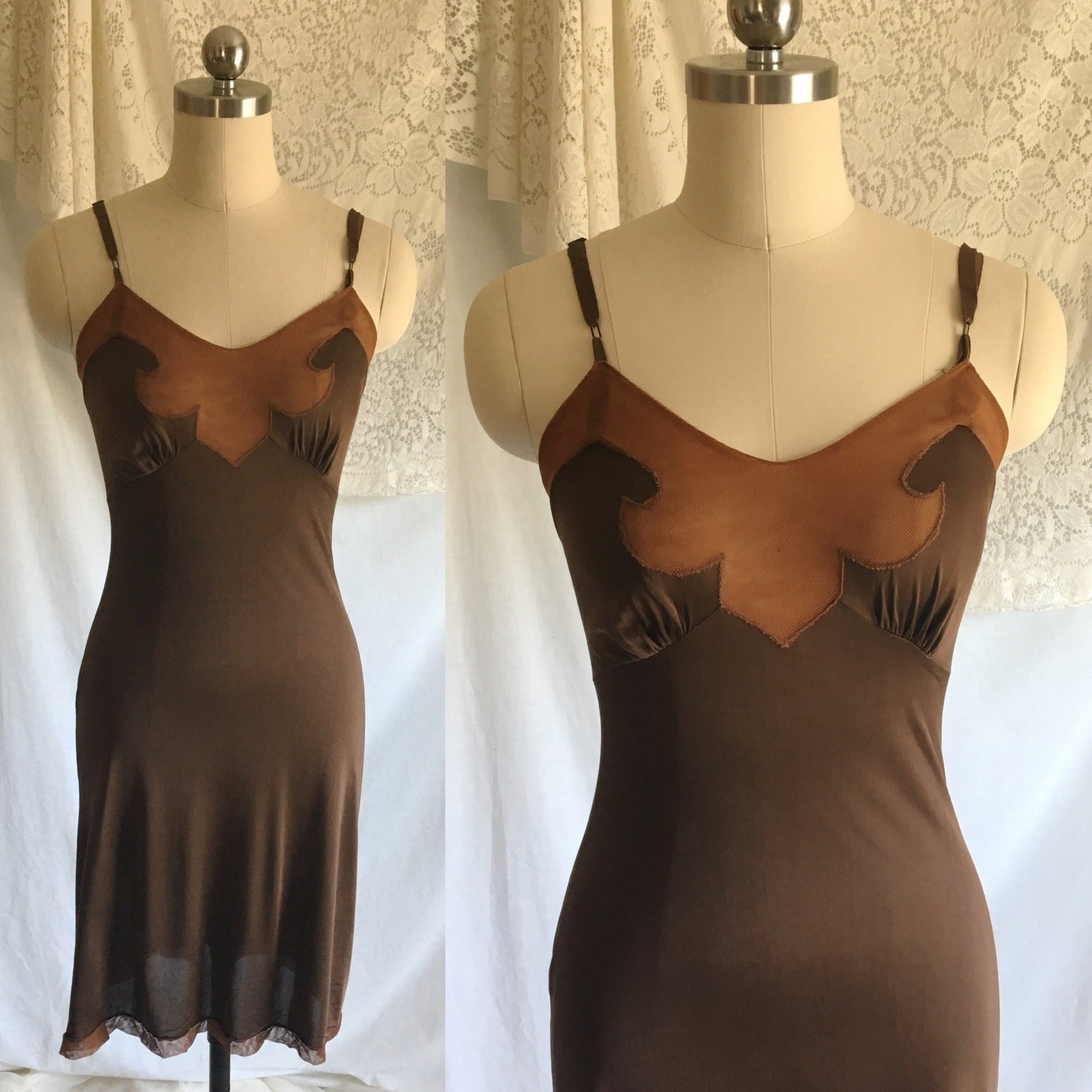 Vintage 1960's Slip | Mocha Brown Rayon with Mesh Netting & Bias Cut | Size XS - Daggers & Dames