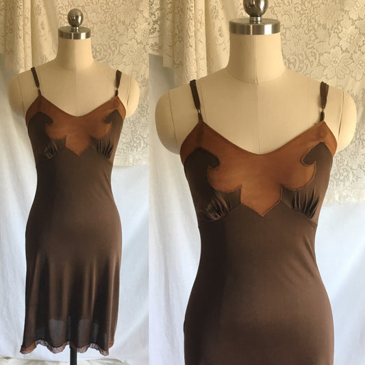 Vintage 1960's Slip | Mocha Brown Rayon with Mesh Netting & Bias Cut | Size XS - Daggers & Dames