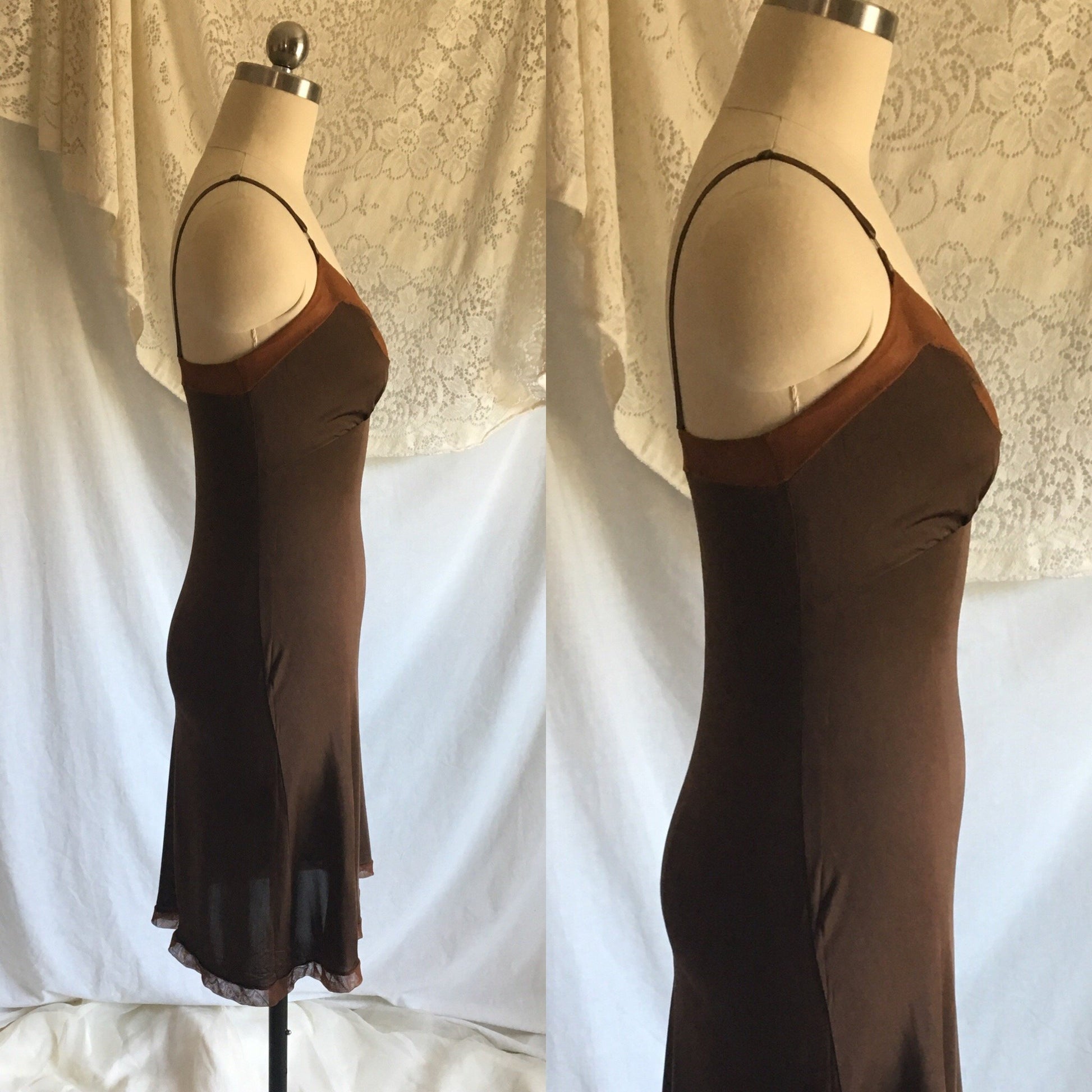 Vintage 1960's Slip | Mocha Brown Rayon with Mesh Netting & Bias Cut | Size XS - Daggers & Dames
