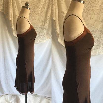 Vintage 1960's Slip | Mocha Brown Rayon with Mesh Netting & Bias Cut | Size XS - Daggers & Dames