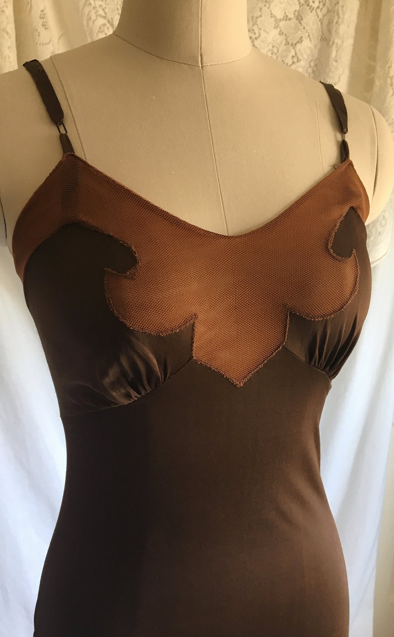 Vintage 1960's Slip | Mocha Brown Rayon with Mesh Netting & Bias Cut | Size XS - Daggers & Dames