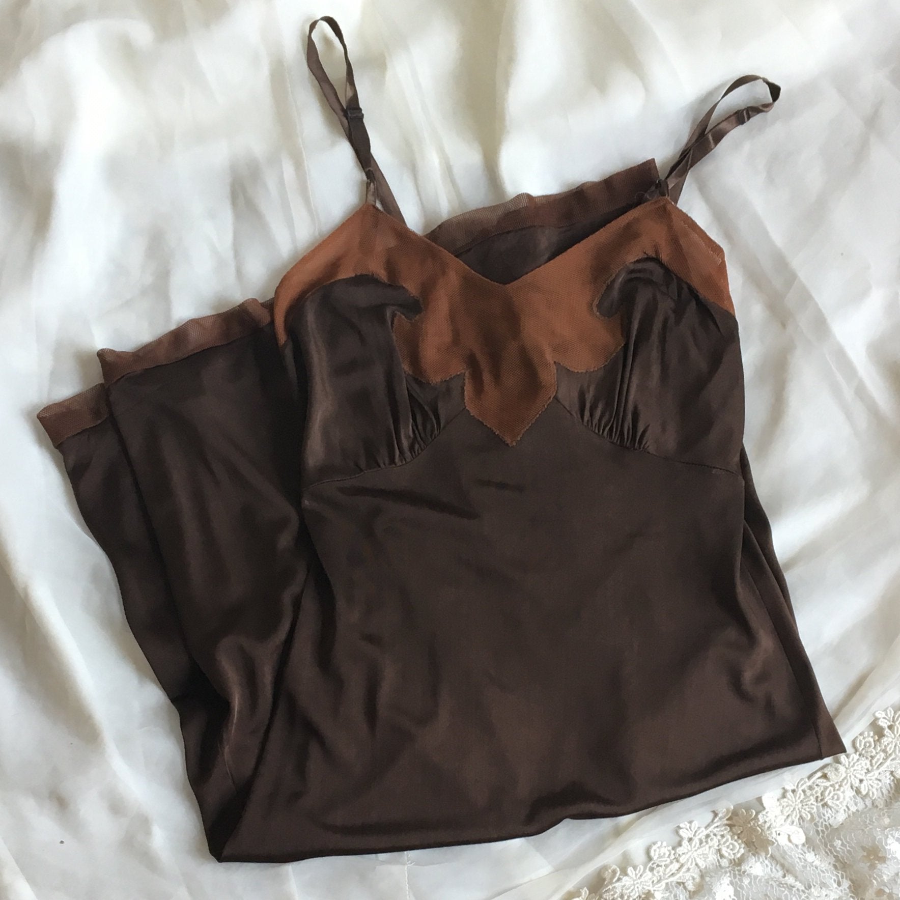 Vintage 1960's Slip | Mocha Brown Rayon with Mesh Netting & Bias Cut | Size XS - Daggers & Dames