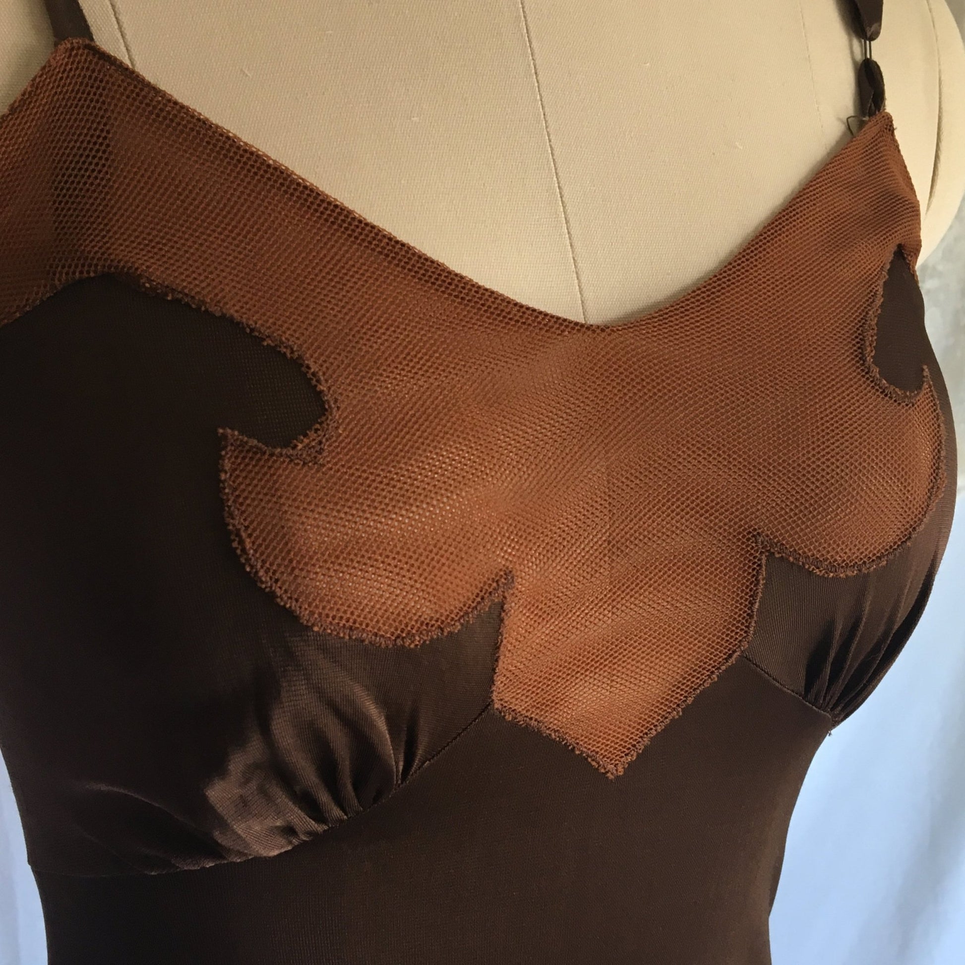 Vintage 1960's Slip | Mocha Brown Rayon with Mesh Netting & Bias Cut | Size XS - Daggers & Dames