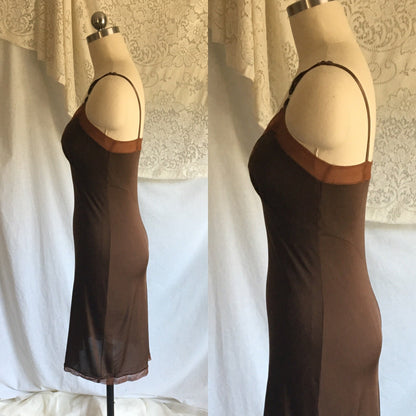 Vintage 1960's Slip | Mocha Brown Rayon with Mesh Netting & Bias Cut | Size XS - Daggers & Dames