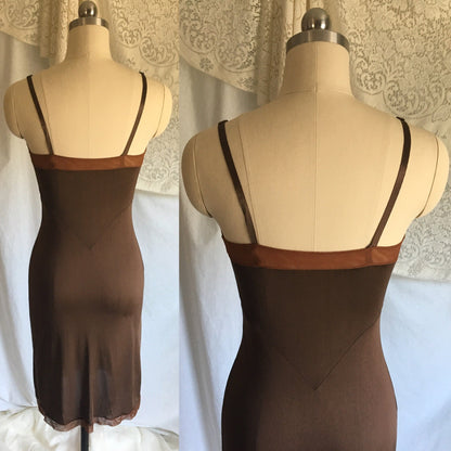 Vintage 1960's Slip | Mocha Brown Rayon with Mesh Netting & Bias Cut | Size XS - Daggers & Dames
