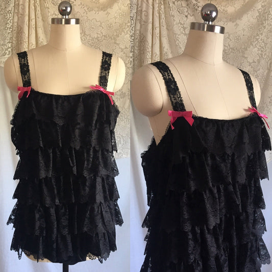 Vintage 1960's Teddy Romper | Black Nylon Lace Ruffles with Hot Pink Bows | New with Tags | Jeri Morton | Size M - Daggers & Dames