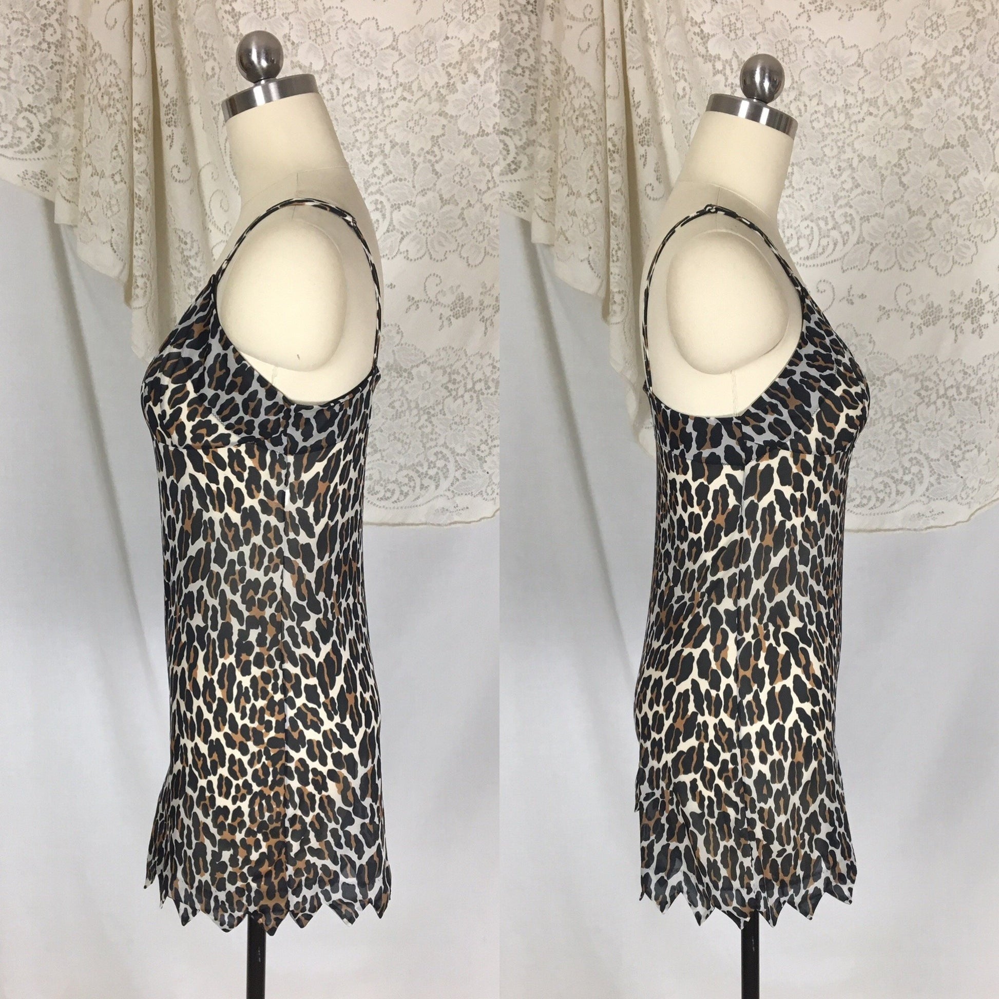 Vintage 1960's Teddy Romper | Size XS, SM | Leopard Jungle Print Nylon with Jagged Hem | Vanity Fair - Daggers & Dames
