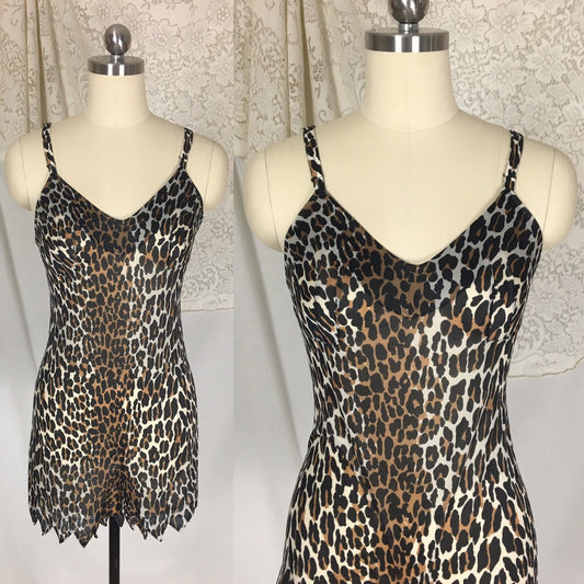 Vintage 1960's Teddy Romper | Size XS, SM | Leopard Jungle Print Nylon with Jagged Hem | Vanity Fair - Daggers & Dames