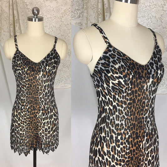 Vintage 1960's Teddy Romper | Size XS, SM | Leopard Jungle Print Nylon with Jagged Hem | Vanity Fair - Daggers & Dames