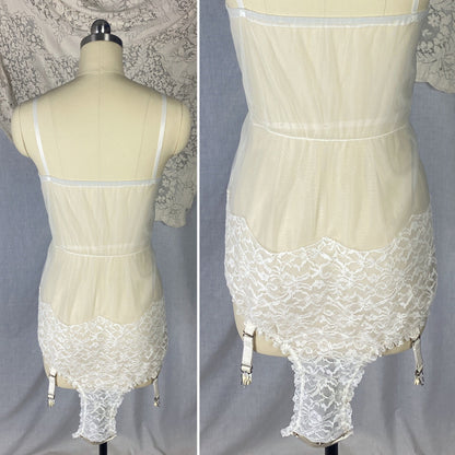 Vintage 1960's Teddy | Sheer White Nylon chiffon with Lace & Detachable Garters | Size XS, S | Glydon's of Hollywood - Daggers & Dames