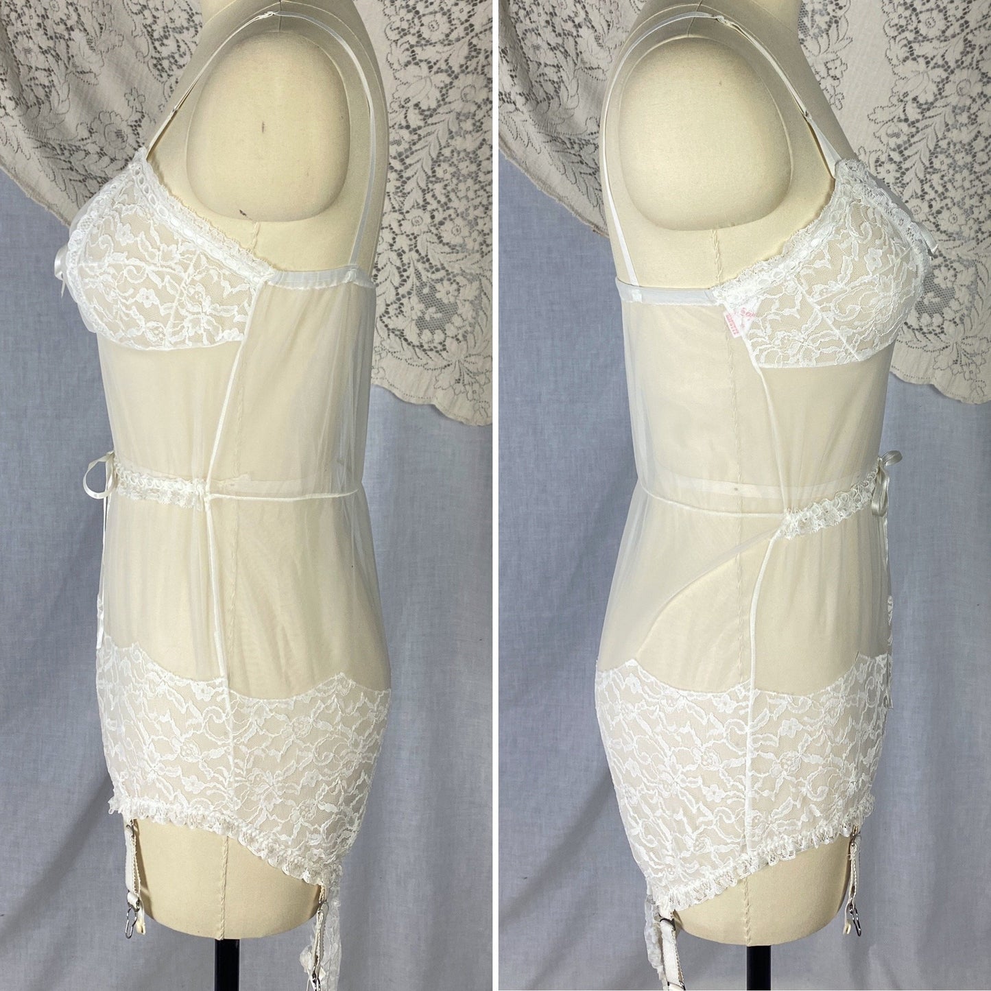 Vintage 1960's Teddy | Sheer White Nylon chiffon with Lace & Detachable Garters | Size XS, S | Glydon's of Hollywood - Daggers & Dames