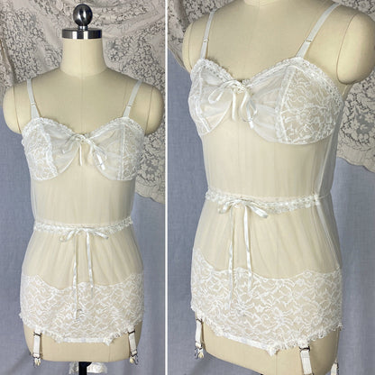 Vintage 1960's Teddy | Sheer White Nylon chiffon with Lace & Detachable Garters | Size XS, S | Glydon's of Hollywood - Daggers & Dames