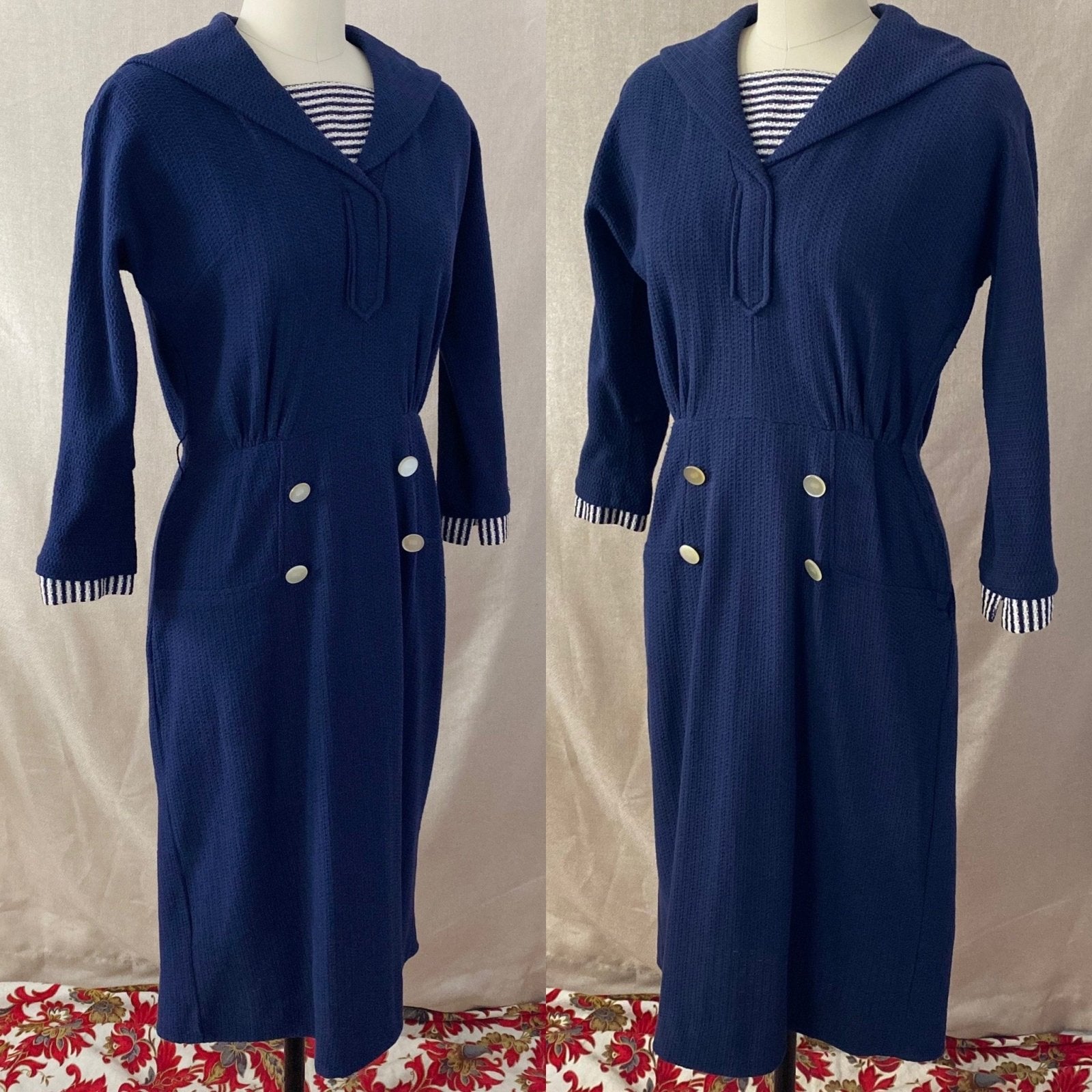 Vintage 1960's Wiggle Dress | Nay Blue Cotton Knit with White Nautical Stripes | Size S, M | Bobbie Brooks - Daggers & Dames