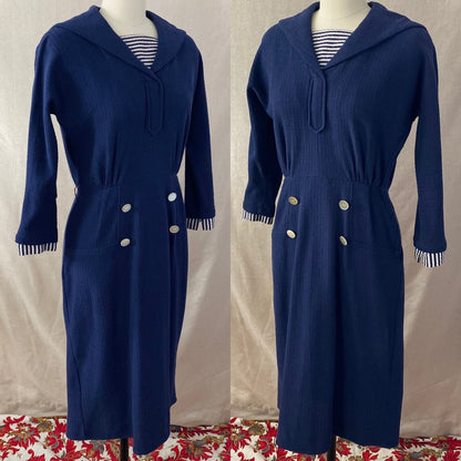 Vintage 1960's Wiggle Dress | Nay Blue Cotton Knit with White Nautical Stripes | Size S, M | Bobbie Brooks - Daggers & Dames