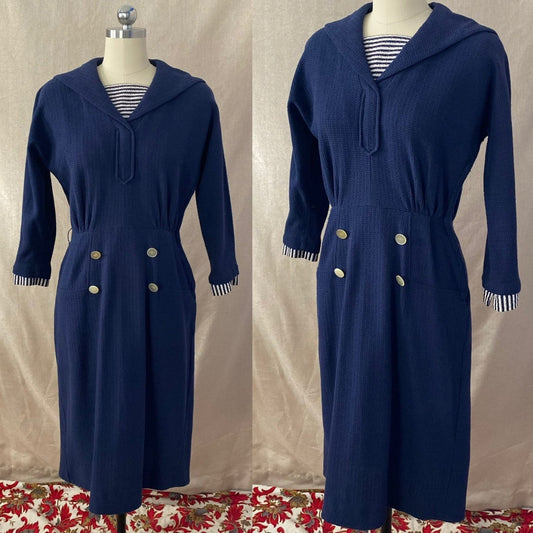 Vintage 1960's Wiggle Dress | Nay Blue Cotton Knit with White Nautical Stripes | Size S, M | Bobbie Brooks - Daggers & Dames