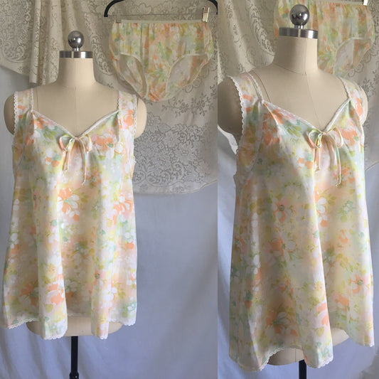 Vintage 1970's Babydoll & Panty Set | Sheer White with Watercolor Floral Pattern and Lace | New Old Stock Lingerie | Size M - Daggers & Dames