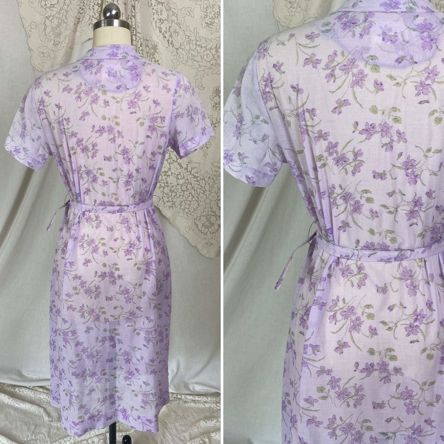 Vintage 1970's Does 1940's Midi Dress | Semi Sheer Lavender Purple Cotton with Floral Print | Size XS, S, M | British Lady - Daggers & Dames