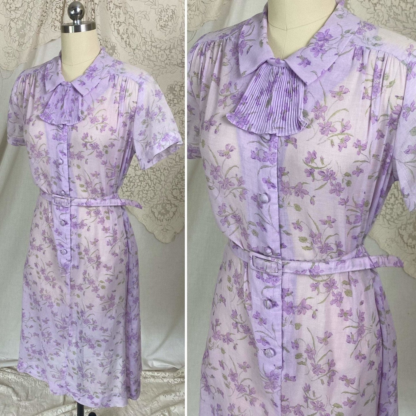 Vintage 1970's Does 1940's Midi Dress | Semi Sheer Lavender Purple Cotton with Floral Print | Size XS, S, M | British Lady - Daggers & Dames