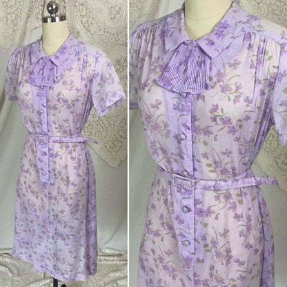 Vintage 1970's Does 1940's Midi Dress | Semi Sheer Lavender Purple Cotton with Floral Print | Size XS, S, M | British Lady - Daggers & Dames