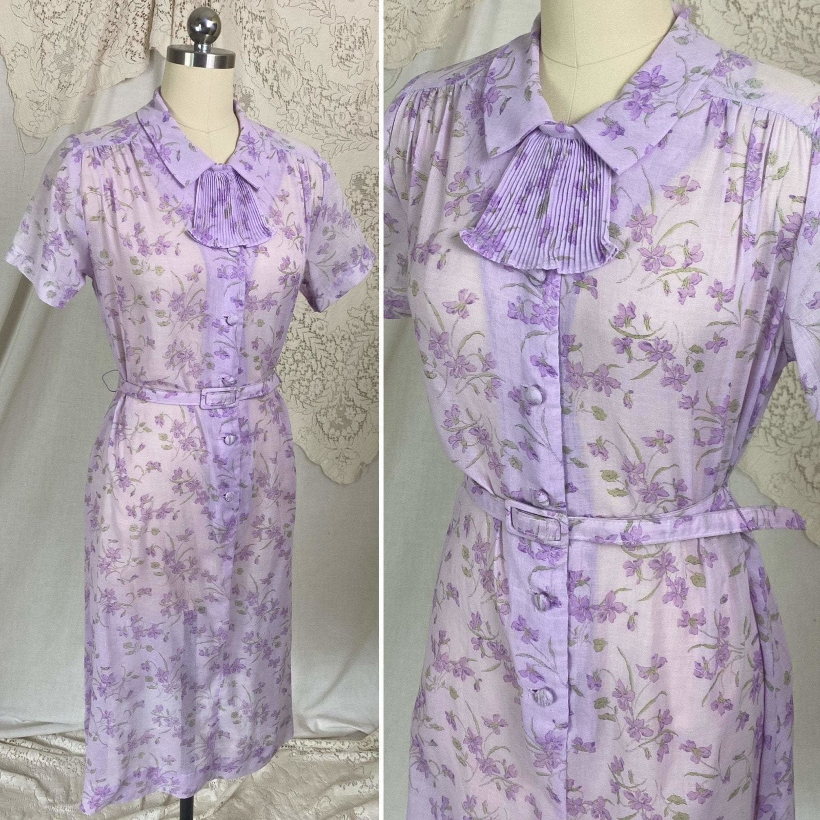 Vintage 1970's Does 1940's Midi Dress | Semi Sheer Lavender Purple Cotton with Floral Print | Size XS, S, M | British Lady - Daggers & Dames