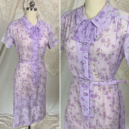 Vintage 1970's Does 1940's Midi Dress | Semi Sheer Lavender Purple Cotton with Floral Print | Size XS, S, M | British Lady - Daggers & Dames