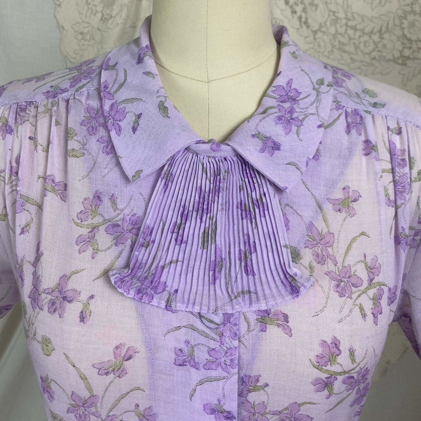 Vintage 1970's Does 1940's Midi Dress | Semi Sheer Lavender Purple Cotton with Floral Print | Size XS, S, M | British Lady - Daggers & Dames