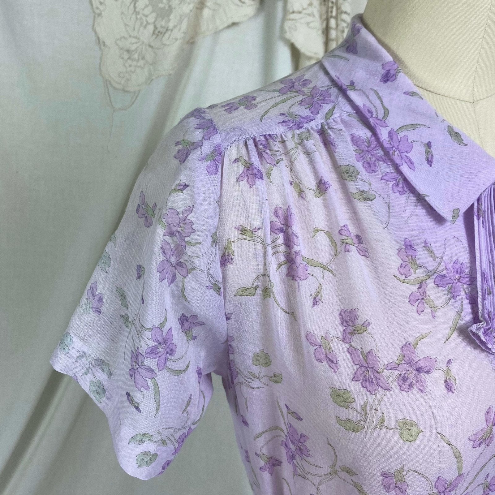 Vintage 1970's Does 1940's Midi Dress | Semi Sheer Lavender Purple Cotton with Floral Print | Size XS, S, M | British Lady - Daggers & Dames