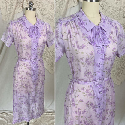 Vintage 1970's Does 1940's Midi Dress | Semi Sheer Lavender Purple Cotton with Floral Print | Size XS, S, M | British Lady - Daggers & Dames