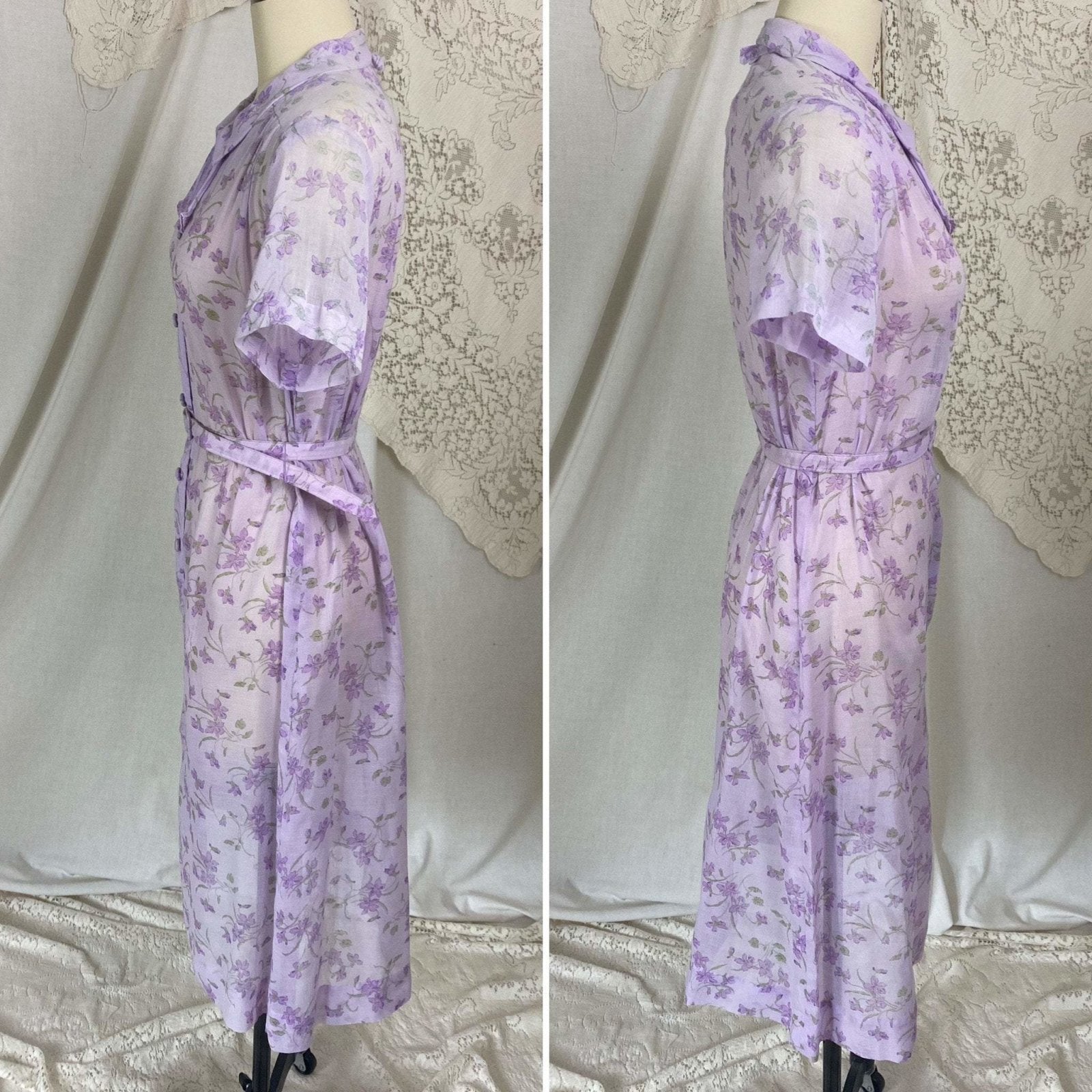 Vintage 1970's Does 1940's Midi Dress | Semi Sheer Lavender Purple Cotton with Floral Print | Size XS, S, M | British Lady - Daggers & Dames